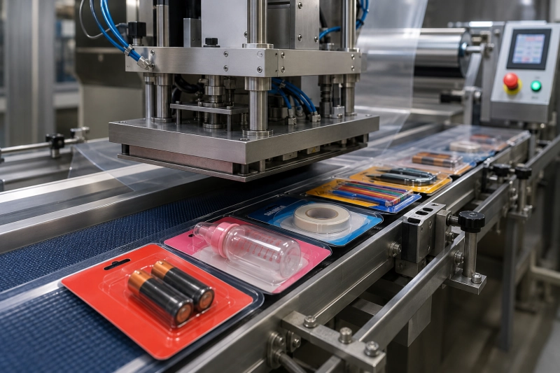 Máquina realizando selagem de embalagens blister